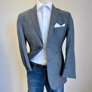 JONES NEW YORK Mens Blazer Sport Coat Jacket 38R Gray Blue Plaid Wool Suits